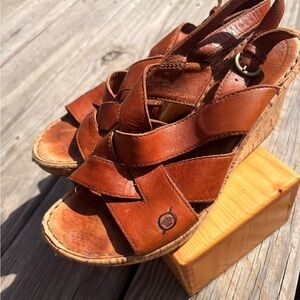 Born Cognac Leather & Cork Wedge Sandals